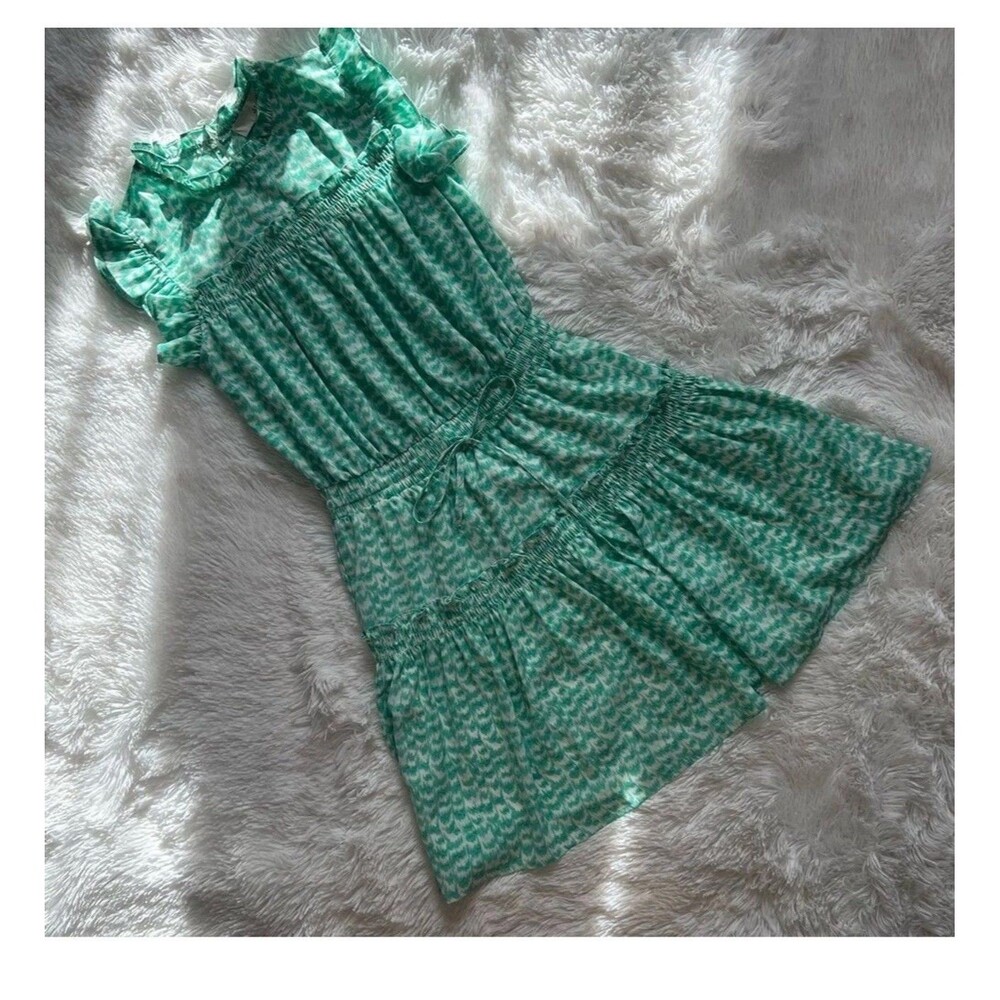 PINCH Dress Womens S Small Green White Ikat Ruffle Sleeveless Boho Mini Poly